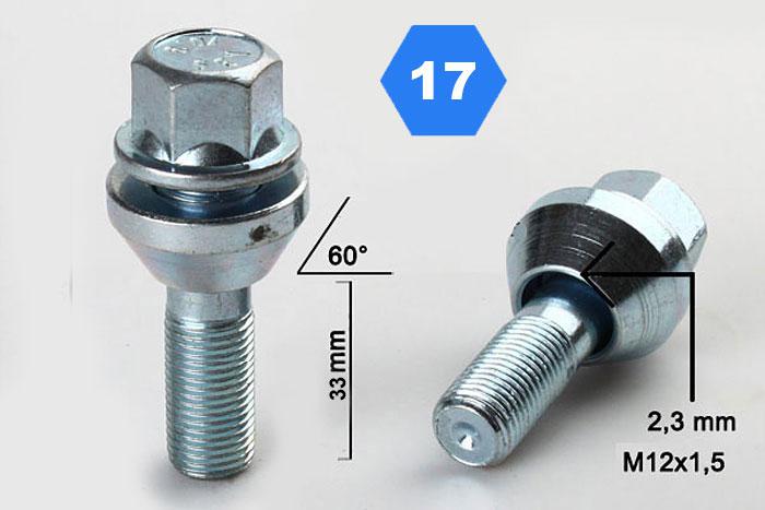 M12x1,5, Schuifbout Conisch, Draadlengte 33mm, SW 17